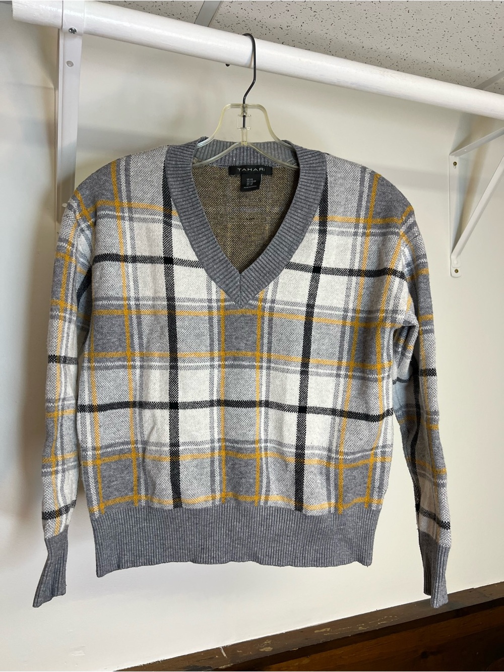 Tahari Gray and Yellow Plaid V-Neck Sweater- XS